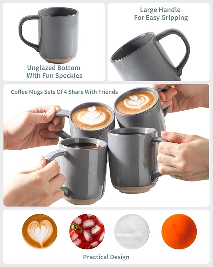 HASENSE Coffee Mugs, 12 OZ Coffee Cups Ceramic Set of 4 with Handle and Speckled Patterns for Man Woman, Vintage Stoneware Porcelain Coffee Cups Set for Tea, Cocoa, Milk, Latte and Cappuccino - Gray