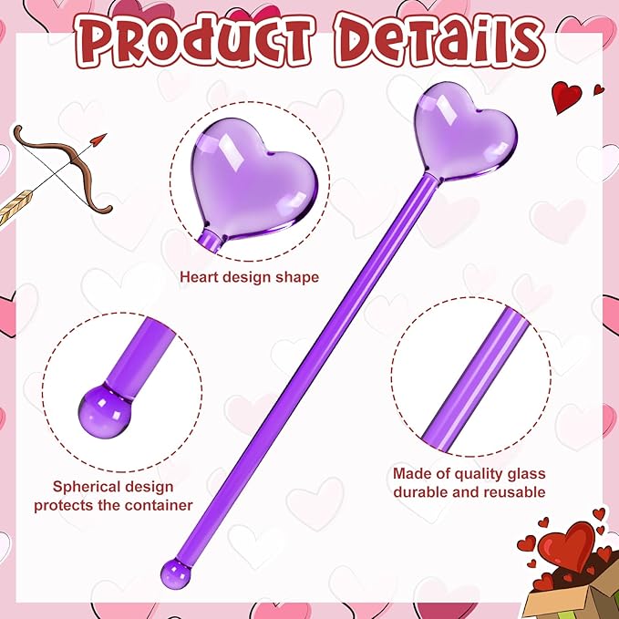 12 Pcs Heart Drink Stirrers Stir Sticks Valentine's Day Coffee Stirrers Swizzle Sticks Hot Cocoa Bar Supplies Coffee Bar Decoration Reusable Beverage Cocktails Mixers