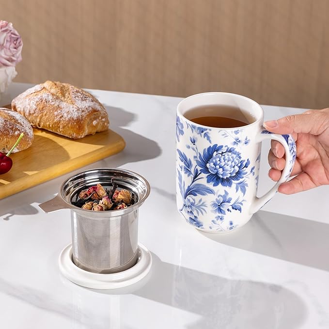 AmorArc Porcelain Tea Mug with Infuser and Lids, 18 Oz Coffee Cup Strainer with Bag Holder for Loose Leaf Tea, Steeping Coffee Mug for House-warming Wedding Birthday Gift