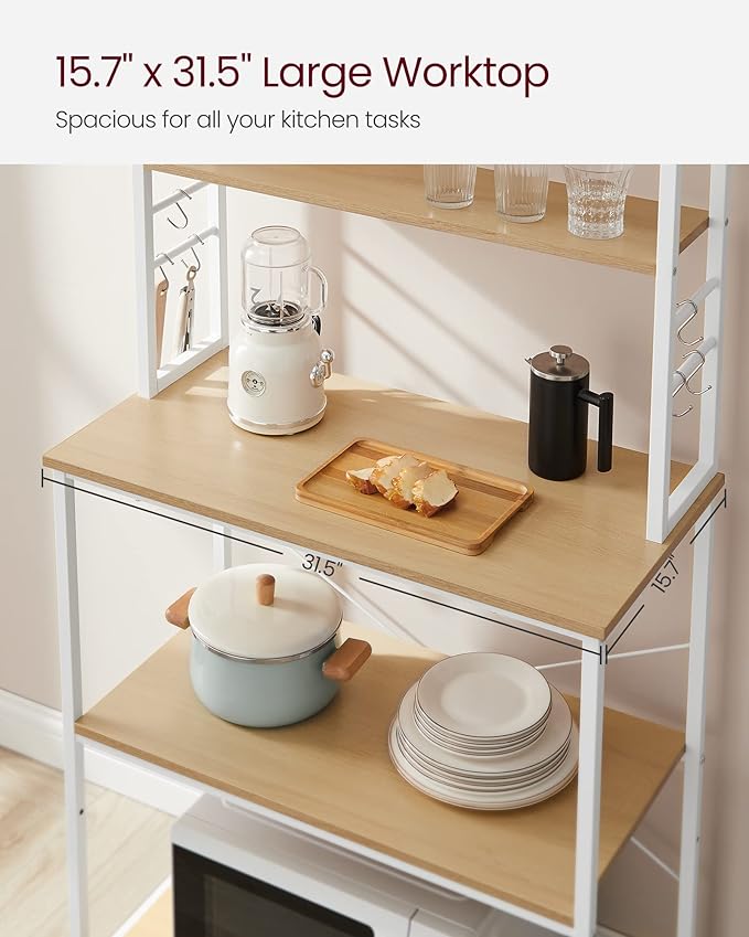 VASAGLE Coffee Bar, 31.5 Inches Baker's Rack for Kitchen with Storage, 6-Tier Kitchen Shelves with 6 Hooks, Microwave Stand, Modern, Golden Oak and Cloud White UKKS019W09