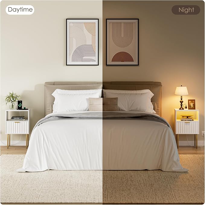 Nightstand with Charging Station and LED Lights, Modern White Bedside Table with Fluted Panel Drawer and Gold Legs, Side Table with USB Ports & Outlets for Bedroom, Living Room