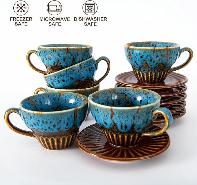 YINUOWEI 2 oz Espresso Cups Set of 6, Ceramic Cappuccino Cups with Saucers, Stackable Coffee Cup for Macchiato, Single shot, Tea, Coffee Lover Gifts, Glazed Blue