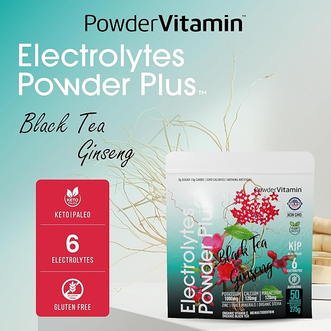 PowderVitamin Electrolytes Powder Plus (50 Servings) Black Tea Ginseng Electrolyte Powder Keto, Sugar Free, Pink Himalayan Salt,1000mg Potassium,120mg Calcium,120mg Magnesium, Hydration Powder