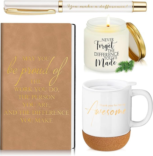 4 Pcs Thank You Gift for Women Men Employee Coworker Inspirational Appreciation Gifts Notebook Coffee Mug Scented Candle Pen Gift for Valentine's Day Team Office Staff Nurse Volunteer(Khaki)