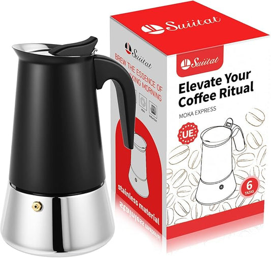 Suiitat Moka Pot, 6 Cups (10.6 oz) Stovetop Espresso Maker, 304 Stainless Steel Moka Pot, Induction Compatible, Black