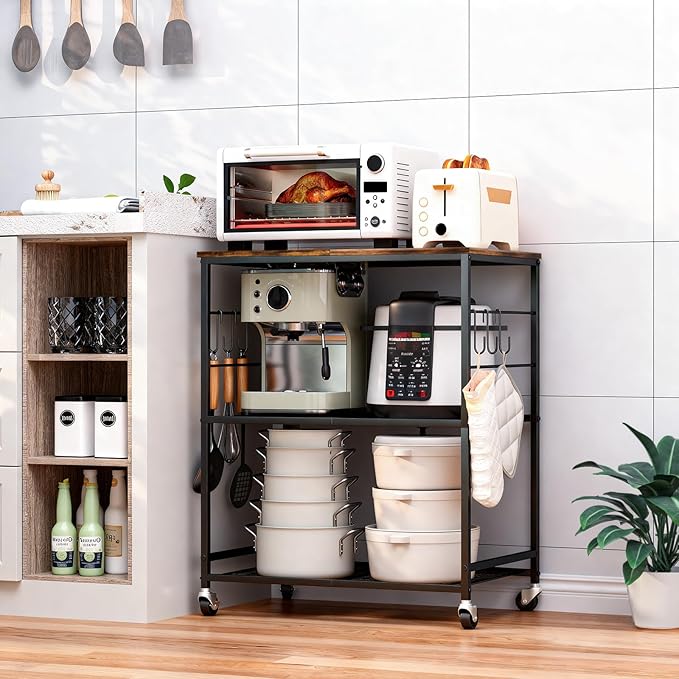 Abiglifty 3-Tier Rolling Kitchen Cart, Microwave Cart with Lockable Wheels, Kitchen Utility Cart, Mobile Microwave Stand with Storage for Living Room, Office, Balcony, Bathroom, Black