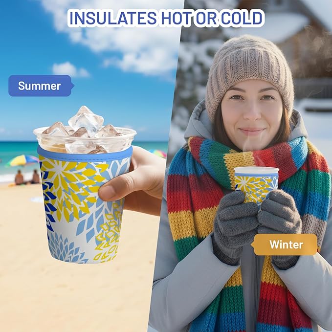 Iced Coffee Sleeve Reusable Cup Sleeves for Cold Drinks Neoprene Koozie Cozy Plastic Cup Covers for Drinks, Blue Yellow Flower