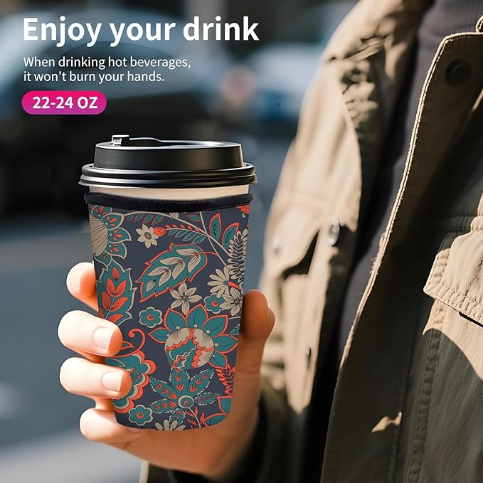 Reusable Neoprene Insulator Sleeve for Iced Coffee Cups, Medium 22-28oz Durable Drink Sleeve for Cold Beverages, Cute Beverage Holder Cup Sleeve for Women Men Boho Paisley