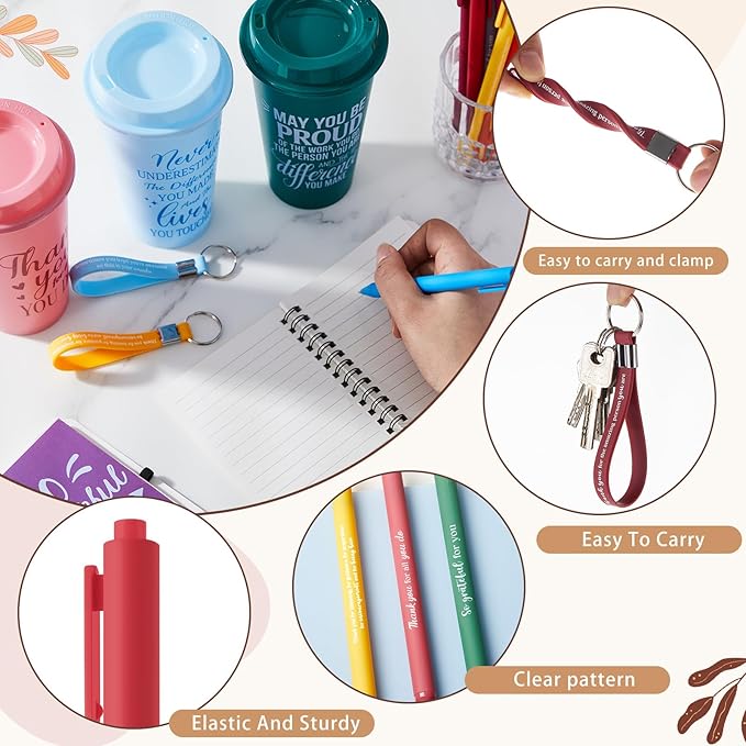 Skylety 48 Set/ 192 Pcs Employee Appreciation Gifts Bulk Thank You Inspirational Gift Set 16 oz Coffee Cups with Thank You Notebook Pen Keychain for Staff Team Teacher Coworker Friend (Classic Color)