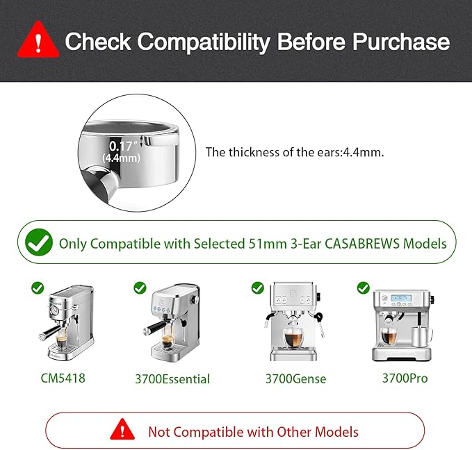 51mm Bottomless Portafilter & Puck Screen, 3-Ear Stainless Head, Compatible with CASABREWS CM5418, 3700Essential, 3700Gense Espresso Machines, Includes 304 Stainless Steel Filter Basket