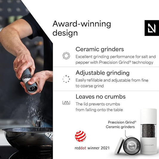 LARS NYSØM Salt and Pepper Grinder Set I Salt and Pepper Mills with Adjustable Ceramic Grinder 2 pieces I Manual Design Spice Mill Set (Pure White)