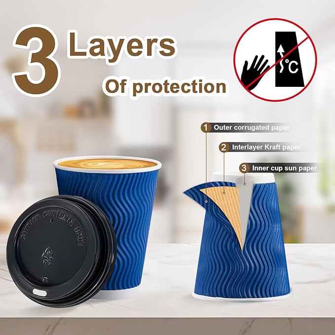 Clawsoff 100 Pack Coffee Cups with Lids 12oz, Disposable Insulated Ripple Wall To Go Paper Coffee Cups for Hot/Cold Drinks Office Home Shop Event (Navy)