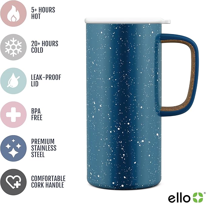 Ello Campy Vacuum Insulated Travel Mug with Leak-Proof Slider Lid and Comfy Carry Handle, Perfect for Coffee or Tea, BPA Free, Avalon Sea, 18oz (Pack of 6)