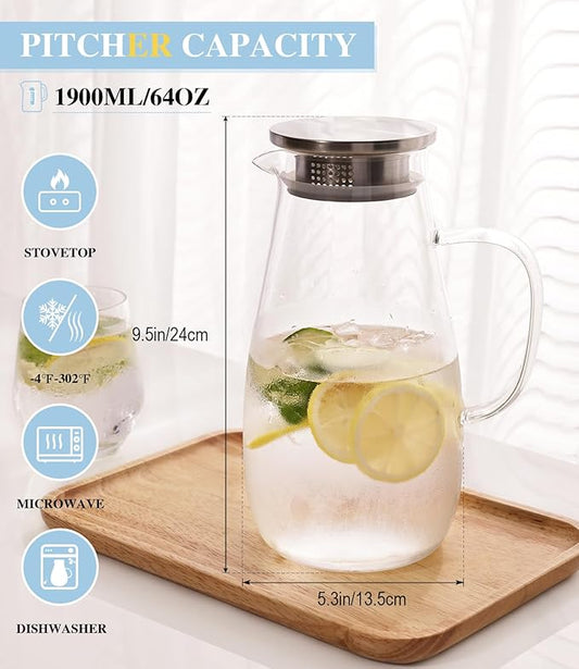LUNA & MANTHA Glass Pitcher with Lid, Water Pitcher for Fridge, 64oz Drink Jug with handle, Borosilicate Glass for Iced Tea, Juice, Milk, Coffee Hot Cold Beverages Carafe 2 Quart