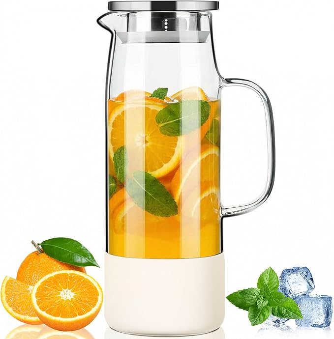 Glass Pitcher with Lid and Handle 50oz/ 1.5L, Hot& Cold Glass Water Pitcher with Silicone Base, Glass Carafe with Lid for Coffee, Juice, Lemonade and Milk