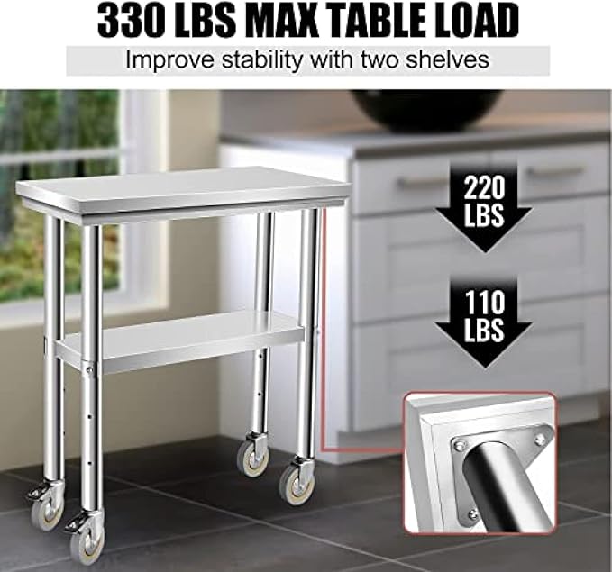 Stainless Steel Table - Metal Table Cart - Commercial Workbench with Caster Wheel - NSF Certified - for Restaurant, Warehouse, Home, Kitchen, Garage,24''x12''