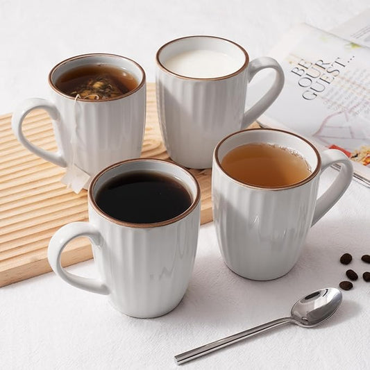 famiware Coffee Mugs Sets for 6, 12 oz Mug Set, Coffee Cups with Handle for Coffee, Tea, Cocoa and Milk, Microwave and Dishwasher Safe, White Stripe