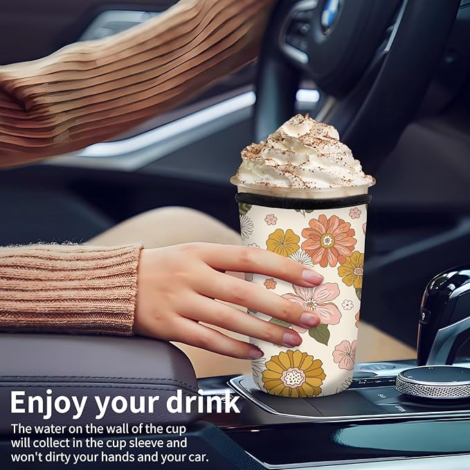 Reusable Neoprene Insulator Sleeve for Iced Coffee Cups, Medium 22-28oz Durable Drink Sleeve for Cold Beverages, Cute Beverage Holder Cup Sleeve for Women Men Cute Pink Floral