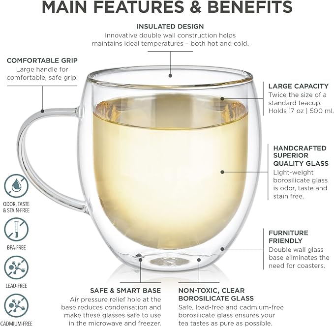 Teabloom Oversized Insulated Borosilicate Glass Mugs (17 oz / 500 ml) – Set Includes 2 Mugs + 2 Blooming Teas – Premium Quality Microwave Safe Glasses