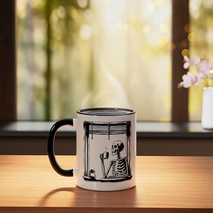 Skeleton Drinking Coffee - Minimalist Graphic Coffee Lover Ceramic Mug, Black/White
