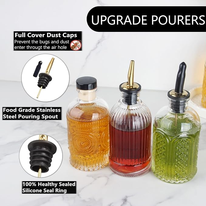 Simple Syrup Bottles Set of 6, Glass Coffee Syrup Dispenser Bottles 7 OZ With Metal Pour Spout, Labels and Stopper, Glass Syrup Dispenser for Maple Honey Syrup Oil and Sauces, SC060