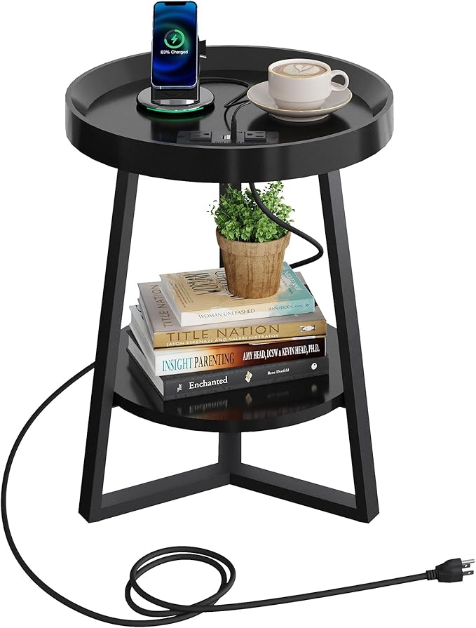 WLIVE Round End Table with Charging Station, Small Round Coffee Table, 2 Tier Side Table for Living Room/Bedroom, Sofa Couch, Wood Tabletop & Metal Frame, Black