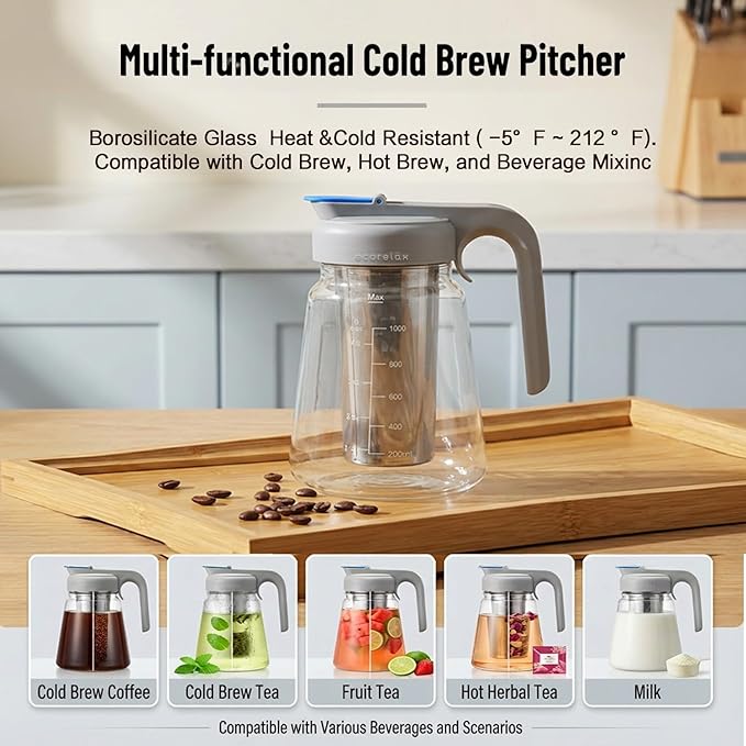 ECORELAX Cold Brew Coffee Maker,High Transparency Borosilicate Glass Container with Stainless Steel Filter, Iced Tea Pitcher with Lid,Modern Style, Ergonomic Handle,Spill-proof Lid (（Gray 32oz)