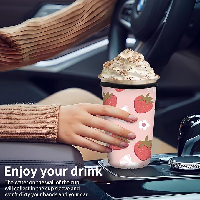Reusable Neoprene Insulator Sleeve for Iced Coffee Cups, Medium 22-28oz Durable Drink Sleeve for Cold Beverages, Cute Beverage Holder Cup Sleeve for Women Men Cute Pink Strawberry