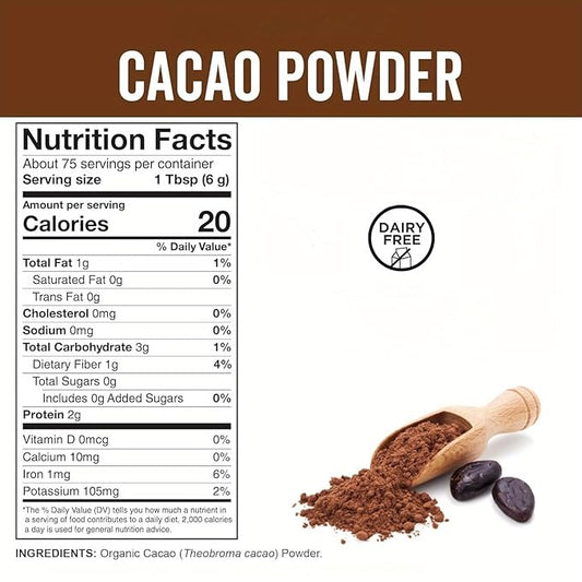 Organic Cacao Powder 8oz - Unsweetened Dark Cocoa for Baking & Healthy Desserts, Rich Chocolate Flavor, Non-GMO, Vegan Certified, Gluten-Free, Keto Friendly， 226g (0.5 Lbs)