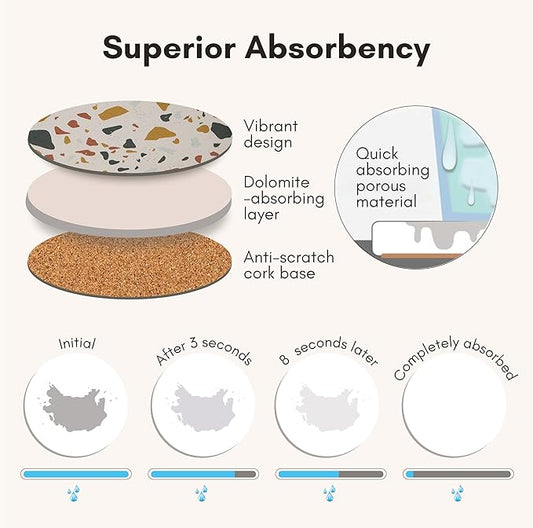 Absorbent Terrazzo Drink Coasters with Holder, Set of 6 Ceramic Stone Coasters for Drinks, Water-Absorbing Coffee Coasters for Coffee Table Decor (Sunset)