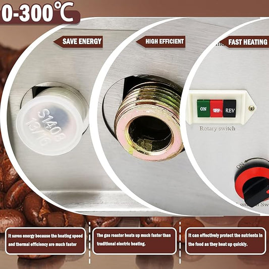 LGXEnzhuo Full-Automatic Stainless Steel Coffee Roaster 110LBS Drum Rotary Roasting Machine 0-300℃ Gas Type Nuts Bean Roasting Machine 220V/1PH