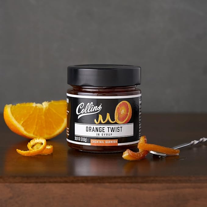 Collins Candied Fruit Orange Peel Twist in Syrup, Popular Cocktail Garnish for Skinny Margarita, Martini, Mojito, Orange Peel for Old Fashioned Drinks, Baking, Desserts, Salad, 10.9 oz