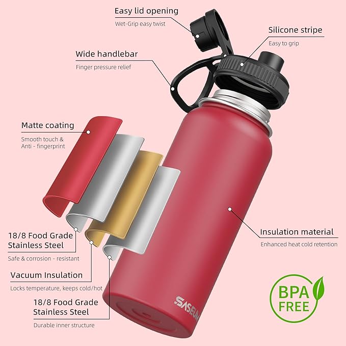 SASEUM Sport Water Bottle 32oz Stainless Steel Double Wall Vacuum Thermal Mug with Leak Proof Spout Lids, Wide Mouth Metal Insulated Water Jug for Gym and Travel（Red）