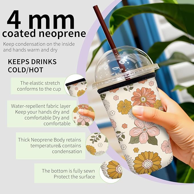 Reusable Neoprene Insulator Sleeve for Iced Coffee Cups, Medium 22-28oz Durable Drink Sleeve for Cold Beverages, Cute Beverage Holder Cup Sleeve for Women Men Cute Pink Floral