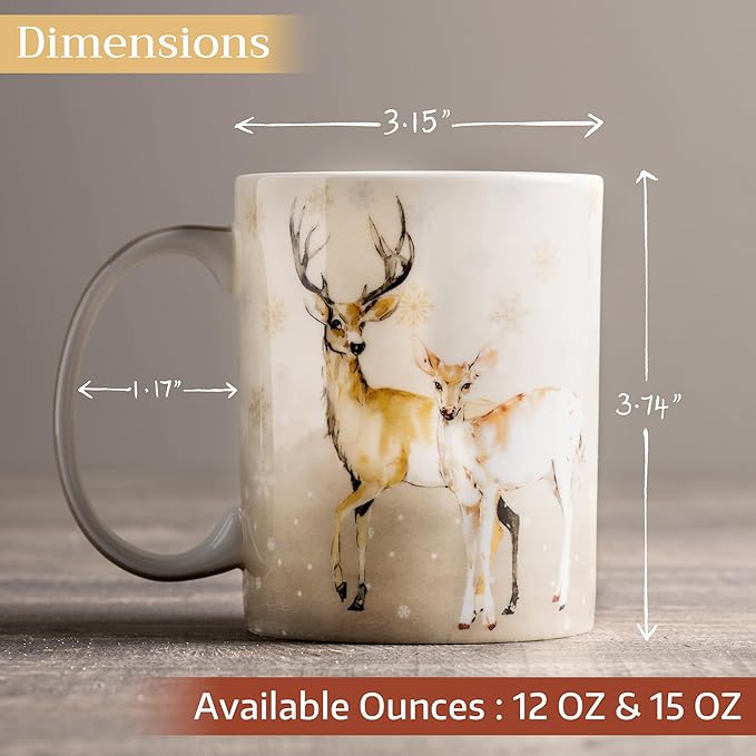 Maison d' Hermine Coffee Mug with Handles Fine Bone China Mugs Pack of Two Tea Cups for Hot Beverages Cappuccino Latte Home Restaurant Office Perfect for Gift (Deer In The Woods, 12 Ounce)