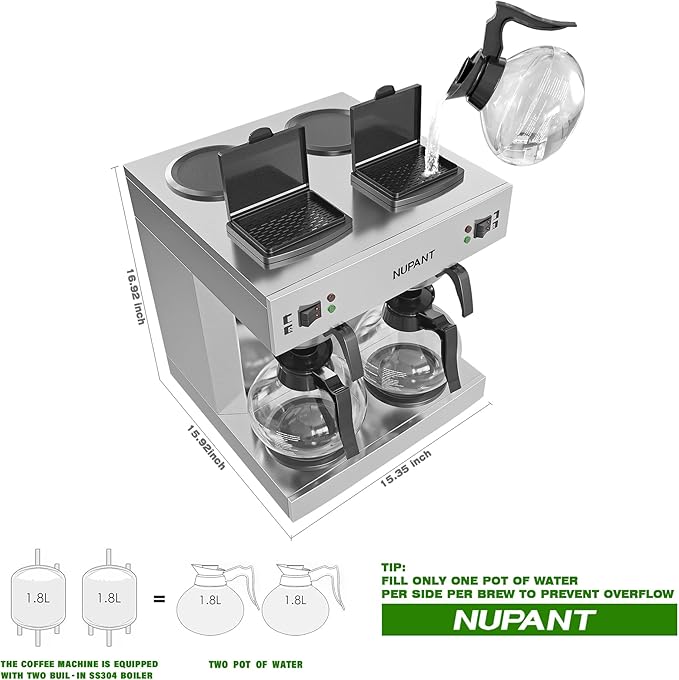 NUPANT Dual Drip Commercial Coffee Maker, 200 Cup/hour, 7.2L Pour Over Coffee Machine with 4 Glass Carafe and 4 Warmers, Stainless Steel Double Coffee Brewer Staition for Restaurant and COFFEE Bar