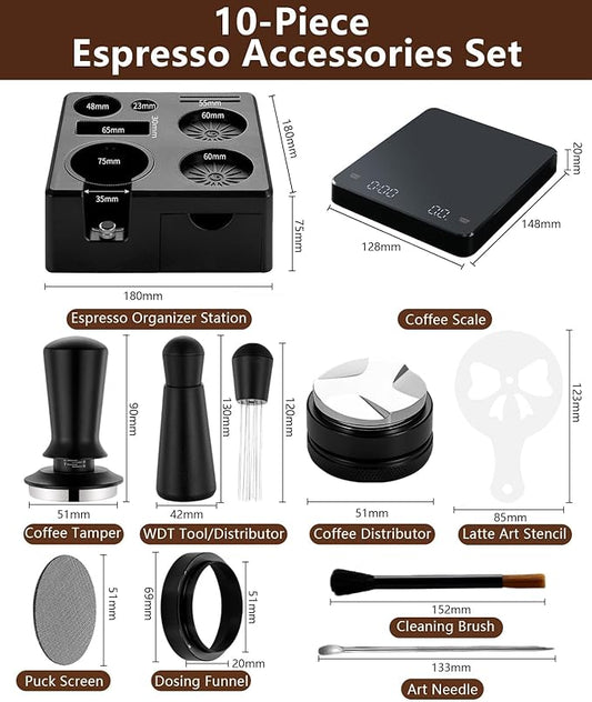 10 PCS Espresso Accessories Kit - 51mm Espresso Tools Set with WDT Tool, Espresso Tamper, Tamping Station, Coffee Distributor, Dosing Funnel, Puck Screen, Latte Art Pen,Stencils & Coffee Scale