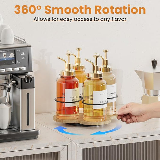 THYGIFTREE Rotating Coffee Syrup Organizer 4 Bottles Syrup Rack for Countertop Wood Bottle Holder Stand for Coffee Bar Station, Wood