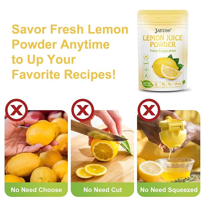 JAYUSS Lemon Juice Powder 8.82 Ounce, 100% Natural, Freeze Dried Lemon Juice, No Sugar or Additives, Great for Drinks, Smoothies, and Beverages 250g