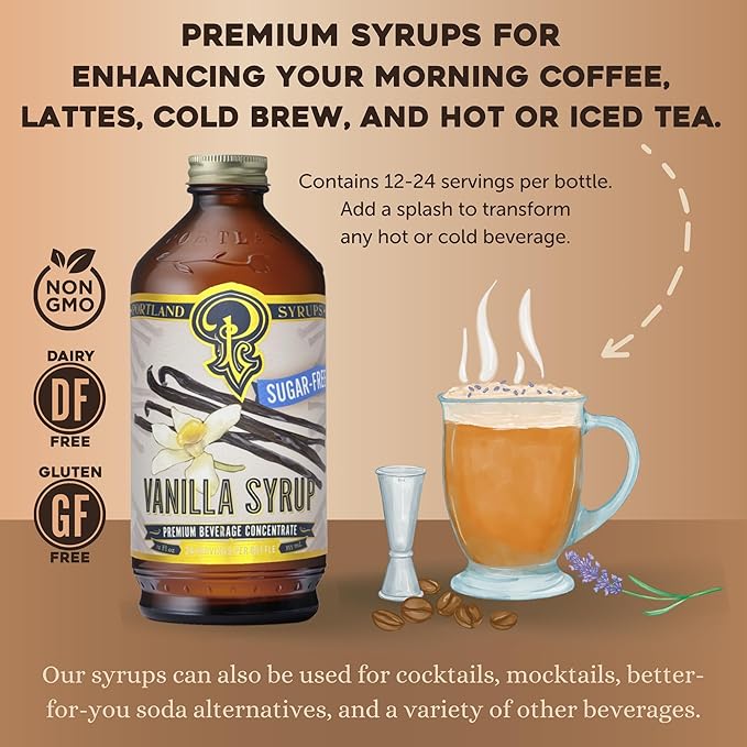 Portland Syrups Sugar-Free Vanilla Syrup - Smooth Creamy Classic Vanilla for Lattes, Cold Brew, Iced Tea, Smoothies, Desserts, No Artificial Aftertaste, 12 oz Bottle, 24 Servings Pack