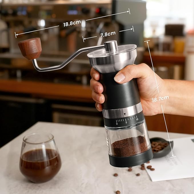 VEVOK CHEF Manual Coffee Grinder 10 External Adjustment Fashion Bean Grinder Stainless Steel Double Bearing Conical Burr Portable Hand Coffee Mill for Home,Camping,Silver