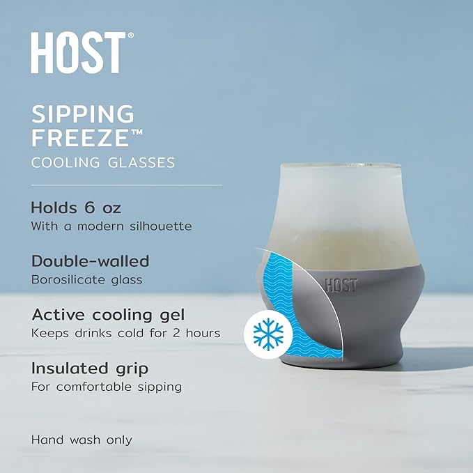 Host Glass Sipping FREEZE Insulated Drinking Glasses for Bourbon, Double Walled Glasses with Active Cooling Gel, Glass Cups Gray 6oz Set of 2
