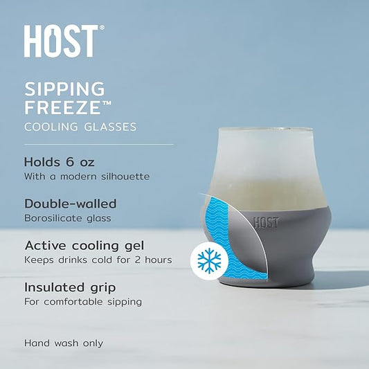 Host Glass Sipping FREEZE Insulated Drinking Glasses for Bourbon, Double Walled Glasses with Active Cooling Gel, Glass Cups Gray 6oz Set of 2