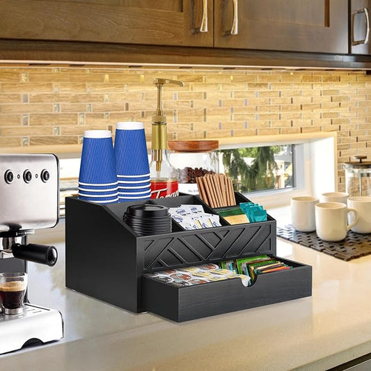Coffee Bar Organizer with Drawer, Coffee Station Organizer for Countertop, Wood Coffee Bar Accessories Organizer for Coffee Bar Decor, Farmhouse Cup Pod Holder Condiment Organizer(Black)