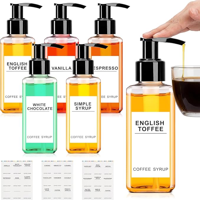 Nuogo 6 Pcs Coffee Syrup Dispenser Set 750ml, 500ml, 300ml, 150ml Pet Black Syrup Bottles with Pump Dispenser 27 Labels for Coffee Bar Kitchen Accessories Portable Travel(5 oz,Square)