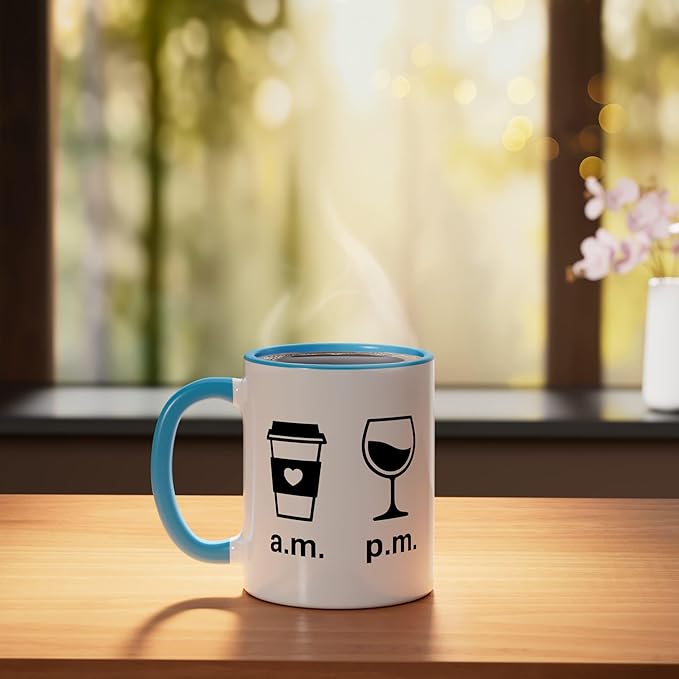 Coffee AM Wine PM - Funny Minimalist Coffee Wine Lover Ceramic Mug, Blue/White