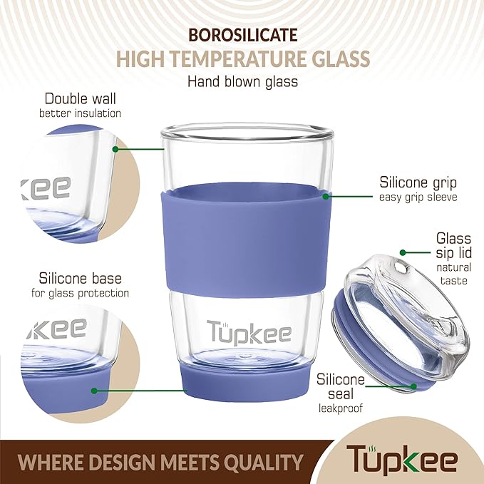 Tupkee Double Wall All Glass Tumbler - 8-Ounce, Reusable Insulated Tea/Coffee Mug & Lid, Hand Blown Glass Travel Mug - Jacaranda - 2 Pack
