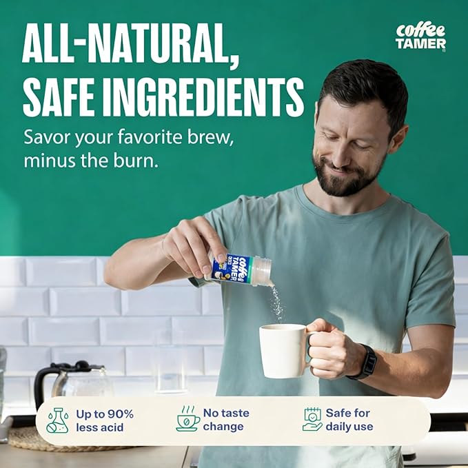 Coffee Tamer Acid Reducer Powder 2.4oz Shaker Bottle - All Natural Coffee Acid Reducer, Alkalizing Granules Reduce Acidity By 90%, Keto Friendly, Sugar-Free, Non-GMO, Preserves Original Flavor