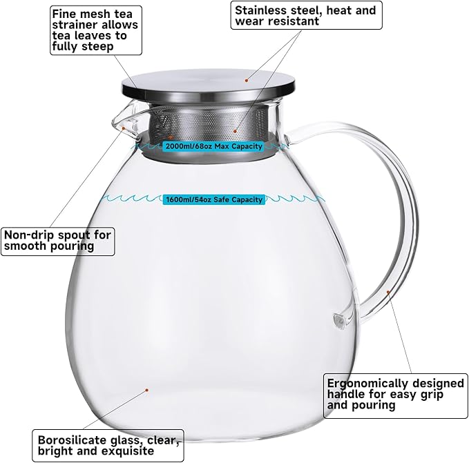 GURUDAR 68OZ/2000ML One Touch Glass Teapot with Stainless Steel Filter Lid, Stovetop & Microwave Safe Tea Maker Water Kettle, Strainer & Cover 2 in 1 Loose Leaf Tea Steeper Pot Coffee Carafe