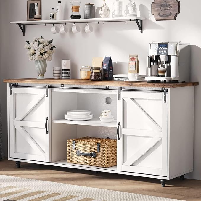 4ever2buy Farmhouse Coffee Bar Cabinet with Storage Sideboard Buffet Cabinet with Sliding Barn Doors 58 inch Buffet Table with Gourd Feet for Dining Room Living Room White